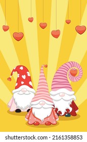 Cartoon three Valentine's day gnomes with red hearts illustration.