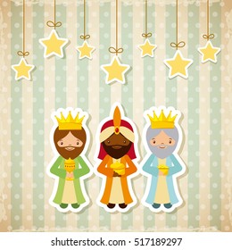 caricatura de tres sabios con estrellas decorativas colgando. Feliz diseño de Navidad. ilustración vectorial