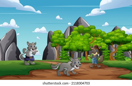 Cartoon three wolves cartoon at nature background