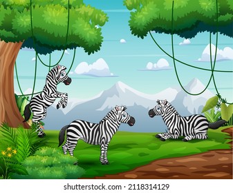 Cartoon three of zebras playing in nature landscape