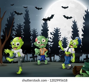 Cartoon of three zombies in the forest background