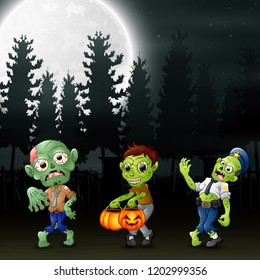 Cartoon of three zombies in the garden at night