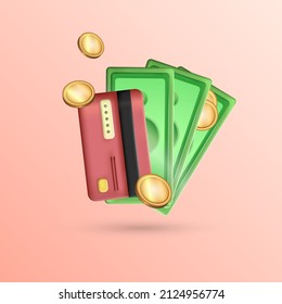 Ilustración tridimensional de la caída de tarjetas de crédito de plástico rojo, billetes verdes y monedas metálicas doradas. Dinero para finanzas, banca, compras, e-business, concepto de pago en línea. 