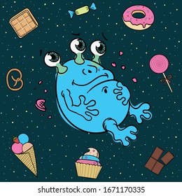 cartoon three-eyed blue cheerful alien on a glutton, overeaten in space against the background of the starry sky, surrounded by a variety of sweets, ice cream, cupcake, lollipop, candy