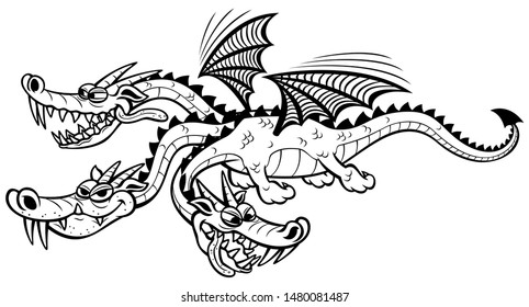 Cartoon three-headed dragon in black and white for coloring.