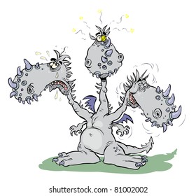 Cartoon three-headed Dragon with different face moods.