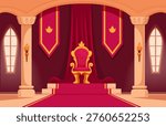 Cartoon throne room interior. Inside medieval royal palace. Red curtains and carpet, chair for king, torches on walls. Big hall in fairy tale castle, sapid vector background