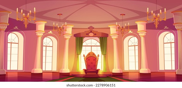 Cartoon throne room interior. Vector illustration of royal palace ballroom with large windows, green curtains, sophisticated chair of medieval king, carpet on floor, marble pillars, golden chandeliers