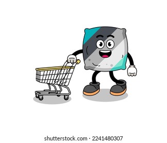 Cartoon of throw pillow holding a shopping trolley , character design