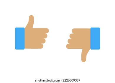 Caricatura con un pulgar arriba y abajo con un gesto. Votar o calificar los signos de diseño.