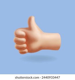 Cartoon thumb up hand, Like gesture isolated on blue background. Like sign, good feedback icon. Vector 3d illustration