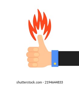cartoon thumb up icon with red flame on finger. concept of validate button and trust or confirm message. flat modern design isolated on white background or minimal web graphic verify logo element