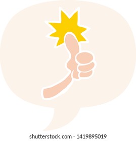 cartoon thumbs up sign with speech bubble in retro style