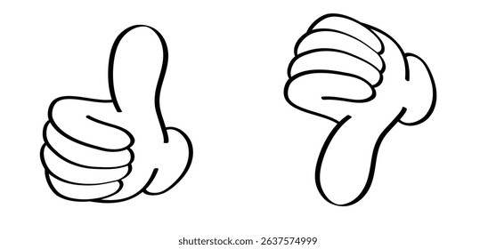Cartoon thumbs up. Do and Don't or like and dislike symbols. Yes and no button with thumbs up and thumbs down. Gesture hand drawn