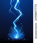 Cartoon thunder bolt, blue lightning effect. Dynamic thunderstorm attack hitting the ground with energy, creating an electrifying visual impact. Vector thunder charge or strike flash at night darkness