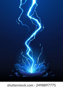 Cartoon thunder bolt, blue lightning effect. Dynamic thunderstorm attack hitting the ground with energy, creating an electrifying visual impact. Vector thunder charge or strike flash at night darkness