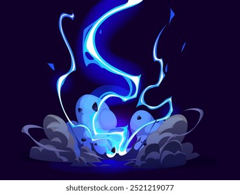 Cartoon thunder bolt effect, blue electric thunderstorm lightning, conveys a sense of power, intensity and otherworldly force with vibrant, glowing charges hitting the ground with energy and smoke