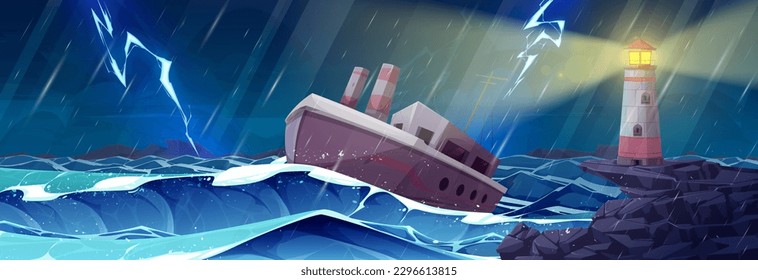 Cartoon thunder storm sea with lighthouse at night vector landscape illustration. Danger scene with ship in rainy ocean and thunderstorm. Light navigation from beacon lamp nautical background