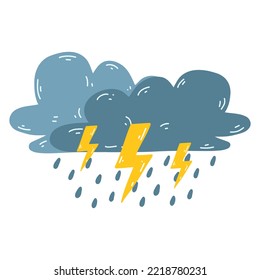 Cartoon thundercloud with lightning and rain. Vector illustration of overcast weather, natural phenomena.