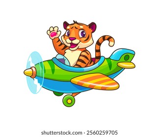 Cartoon tiger animal kid pilot on plane, baby character flying on airplane. Isolated vector cute cub joyfully waving hand while navigates a biplane through the sky, radiating innocence and adventure