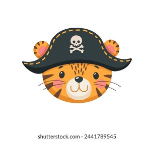 Cartoon tiger animal pirate and corsair. Cute wild cat cub sailor or captain, skipper and boatswain character. Isolated vector kawaii personage face clad in nautical cocked hat with jolly roger emblem