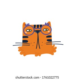 Cartoon tiger in blue glasses. Flat vector illustration of tiger head. Kid's print for posters, postcards, t-shirt design.