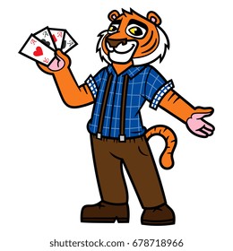 Cartoon Tiger Card Magician Vector Illustration