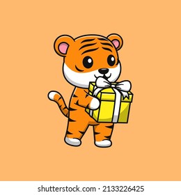 Cartoon tiger carrying a gift box. Flat cartoon style.
