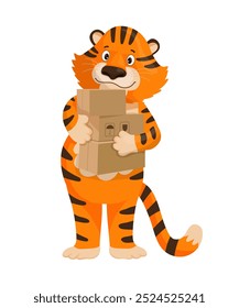 Tigre de dibujos animados que lleva varias cajas de cartón, sonriendo feliz. El personaje parece listo para una entrega, lo que lo hace ideal para la logística, el envío o los diseños relacionados con el servicio postal