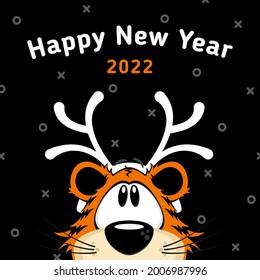 Cartoon tiger with Christmas deer antlers on a black background. Happy new year banner 