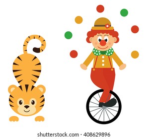 cartoon tiger and clown and bike