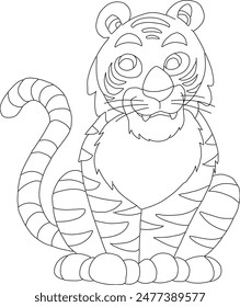 Cartoon Tiger Coloring Page. Tiger Isolated On White Background. Illustration For Children. Coloring Book