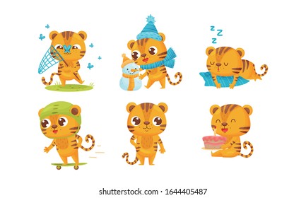 Cartoon Tiger Cub Catching Butterflies with Net and Building Snowman Vector Set