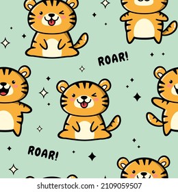 Cartoon tiger cub pattern. Cartoonish tiger pattern with face expressions. Kawaii tiger cub pattern background. Hand drawn cute print for kids.