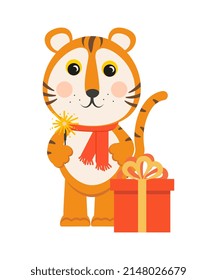 Cartoon tiger cub with a sparkler and a gift box. Vector image for invitations, postcards, packaging.