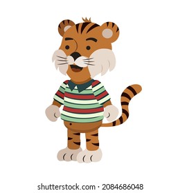 A cartoon tiger cub in a striped sweater. The symbol of 2022. Vector illustration of a tiger cub for animation. All details on separate layers with names