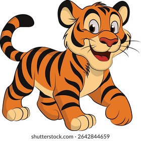 Cartoon tiger cub vector illustration – cute baby jungle animal walking with a happy face, perfect for kids designs, t-shirts, nursery prints, and educational materials.