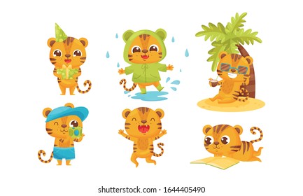 Cartoon Tiger Cub Walking in Rainy Day and Sitting Under Palm Tree Drinking Cocktail Vector Set