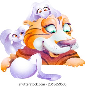 Cartoon tiger cuddles with hares. A cartoon rabbit sits on the tiger's head. Imitation of watercolor painting. Isolated on a white background.