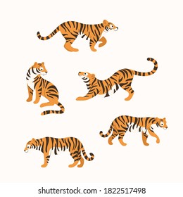 Cartoon tiger. Cute animal character in different poses. Flat vector illustration for prints, clothing, packaging, stickers.