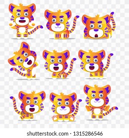 Cartoon tiger with different poses and expressions.