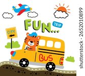 Cartoon tiger driving yellow school bus on curvy road under sunny sky with airplane, city sign, and clouds. Travel and transportation concept
