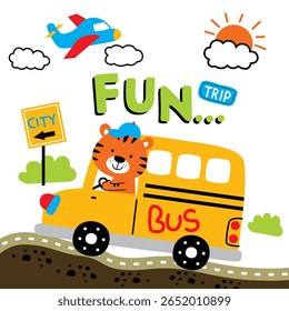 Cartoon tiger driving yellow school bus on curvy road under sunny sky with airplane, city sign, and clouds. Travel and transportation concept

