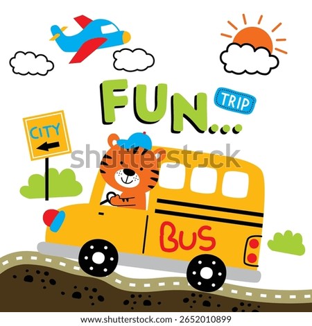 Cartoon tiger driving yellow school bus on curvy road under sunny sky with airplane, city sign, and clouds. Travel and transportation concept

