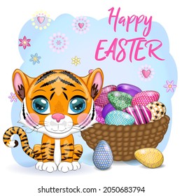 Cartoon tiger with Easter egg. Easter 2022, April. greeting card. Children's style, cute. Symbol of the year