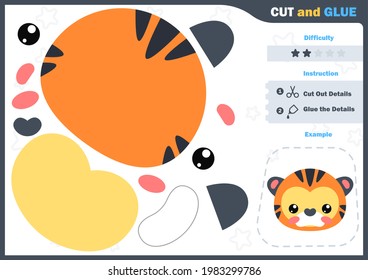 Cartoon Tiger. Education paper game for preshool children. Cut parts of the image and glue on the paper. Vector illustration. Cut and Glue Game.