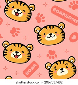 Cartoon Tiger Face Pattern. Cartoonish Tiger Head Pattern With Face Expressions. Kawaii Tiger Cub Pattern Background. Hand Drawn Cute Print For Kids.