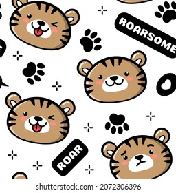 Cartoon tiger face pattern. Kawaii tiger head pattern with face expressions. Cute small tiger seamless pattern. Animal cartoon print for kids.