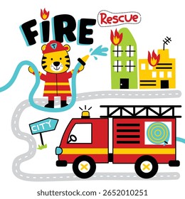 Cartoon tiger firefighter spraying water beside fire truck near burning city buildings and rescue sign. Emergency service concept
