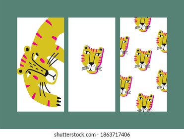 Cartoon tiger in flat style. Cute print with tiger in modern style